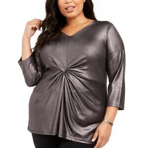 NEW Alfani Top Women's Plus Size 2X Metallic Black Gray Twist Front 3/4 Sleeve